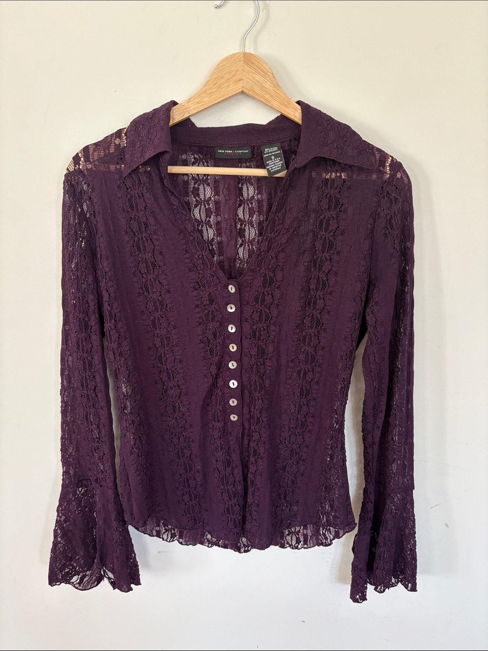 New York & Company Deep Plum Lace Button-Front Blouse